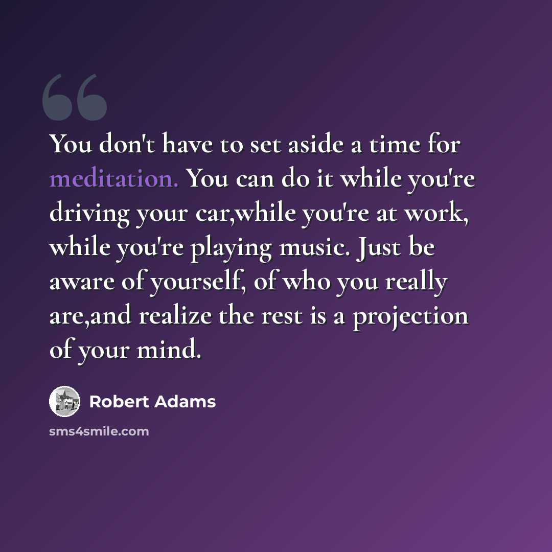 “You don't have to set aside a time for meditation. You can do it while you're driving your car,while you're at work, while you're playing music. Just be aware of yourself, of who you really are,and realize the rest is a projection of your mind.” quote by Robert Adams