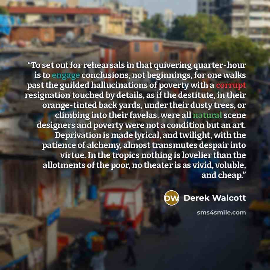 “To set out for rehearsals in that quivering quarter-hour is to engage conclusions, not beginnings, for one walks past the guilded hallucinations of poverty with a corrupt resignation touched by details, as if the destitute, in their orange-tinted back yards, under their dusty trees, or climbing…” quote by Derek Walcott