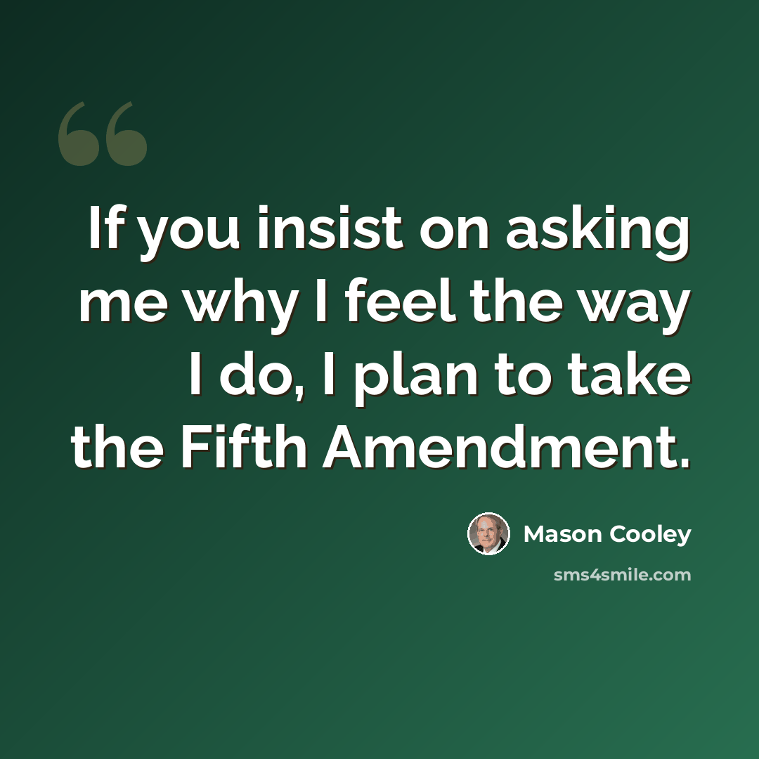 “If you insist on asking me why I feel the way I do, I plan to take the Fifth Amendment.” quote by Mason Cooley