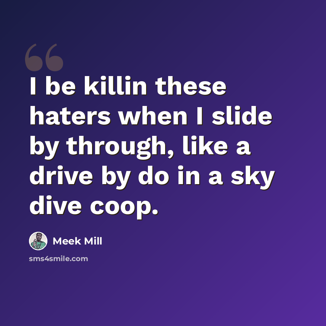 “I be killin these haters when I slide by through, like a drive by do in a sky dive coop.” quote by Meek Mill