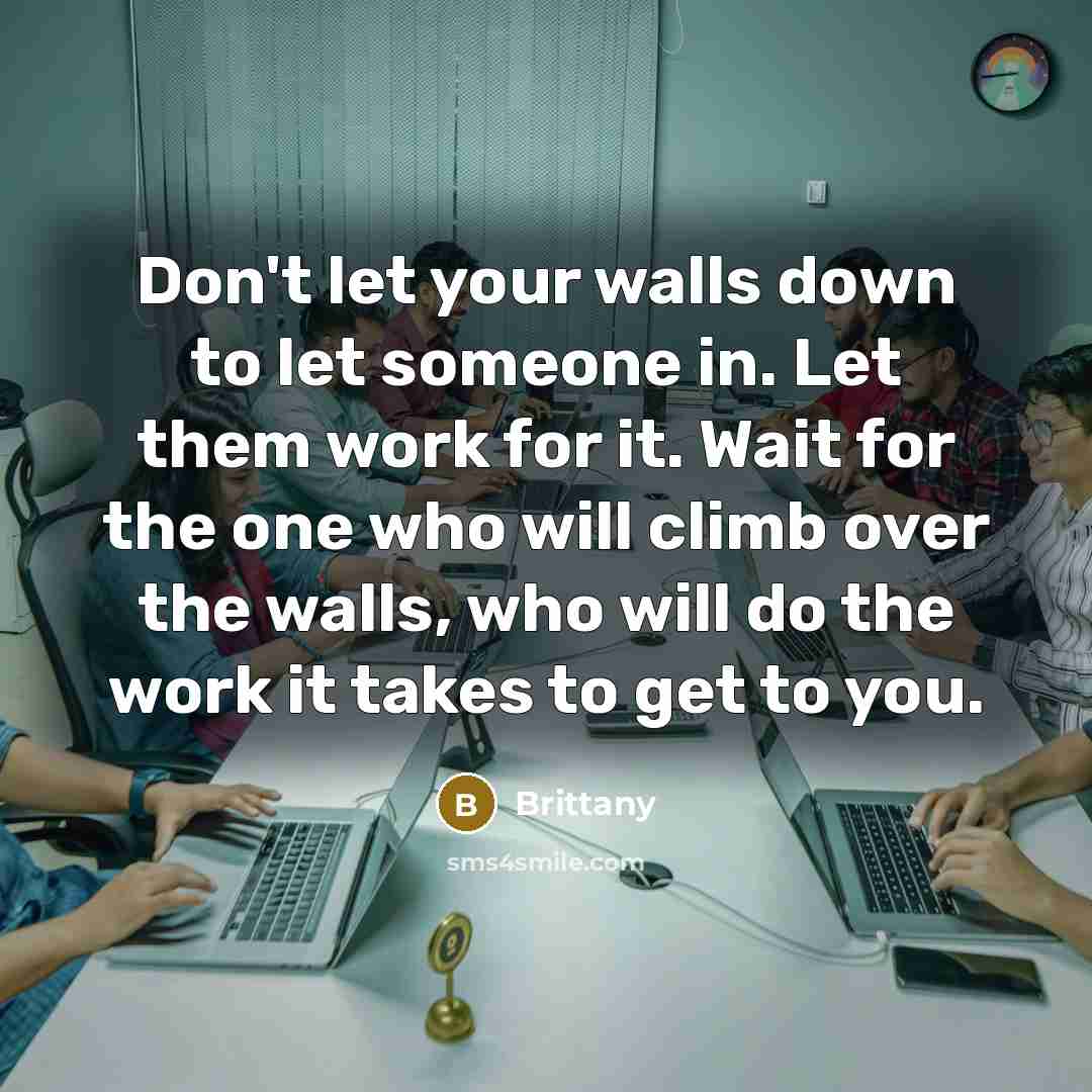 “Don't let your walls down to let someone in. Let them work for it. Wait for the one who will climb over the walls, who will do the work it takes to get to you.” quote by Brittany