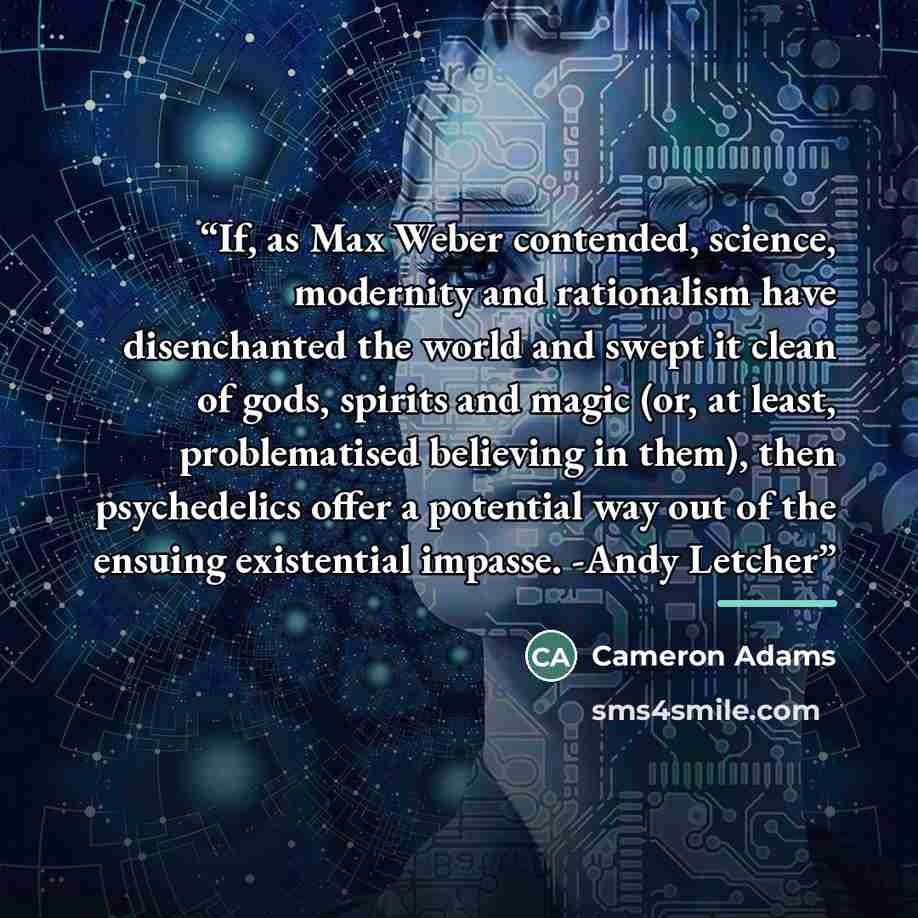 “If, as Max Weber contended, science, modernity and rationalism have disenchanted the world and swept it clean of gods, spirits and magic (or, at least, problematised believing in them), then psychedelics offer a potential way out of the ensuing existential impasse. -Andy Letcher” quote by Cameron Adams