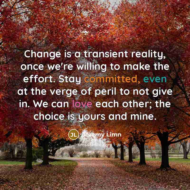 “Change is a transient reality, once we're willing to make the effort. Stay committed, even at the verge of peril to not give in. We can love each other; the choice is yours and mine.” quote by Jeremy Limn