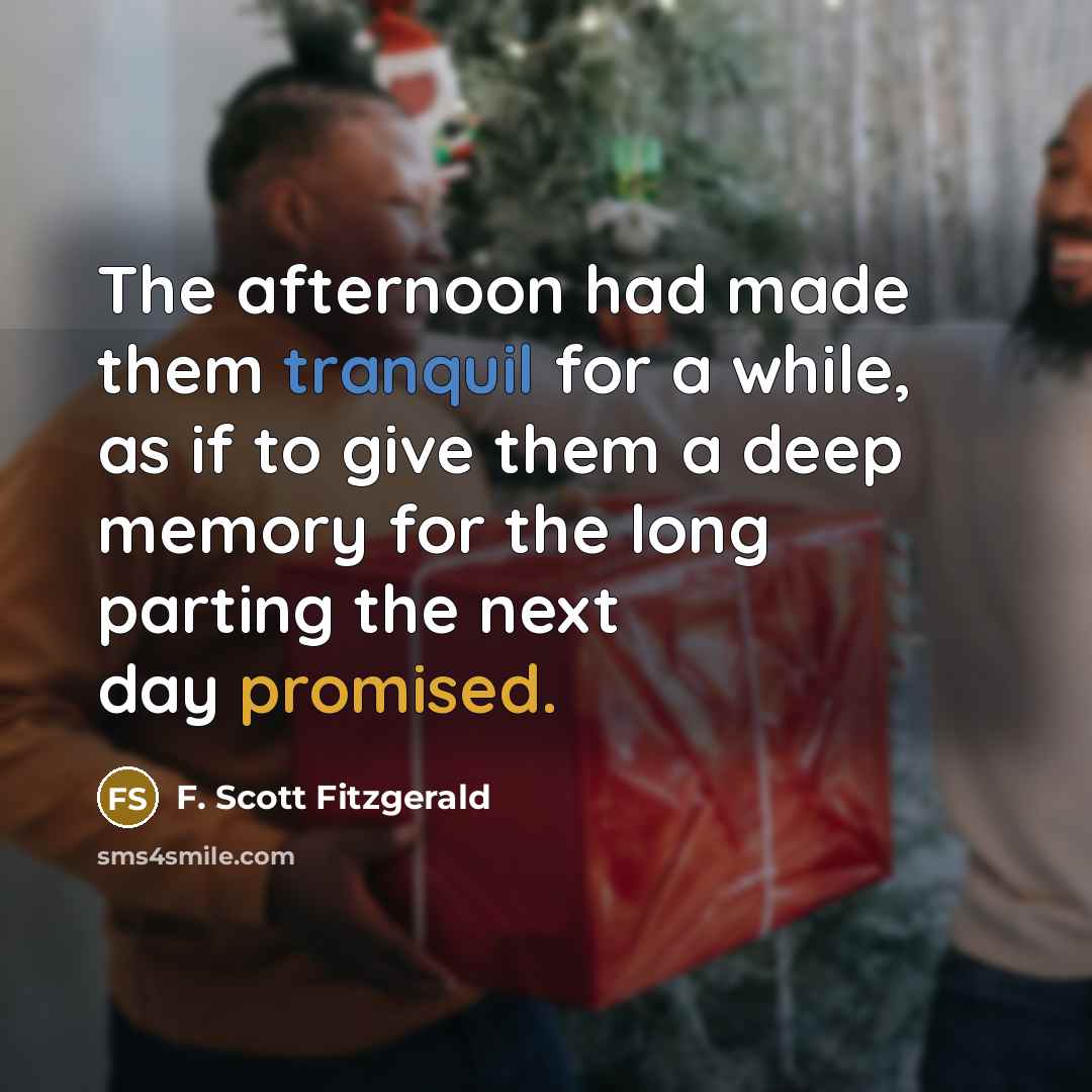 “The afternoon had made them tranquil for a while, as if to give them a deep memory for the long parting the next day promised.” quote by F. Scott Fitzgerald