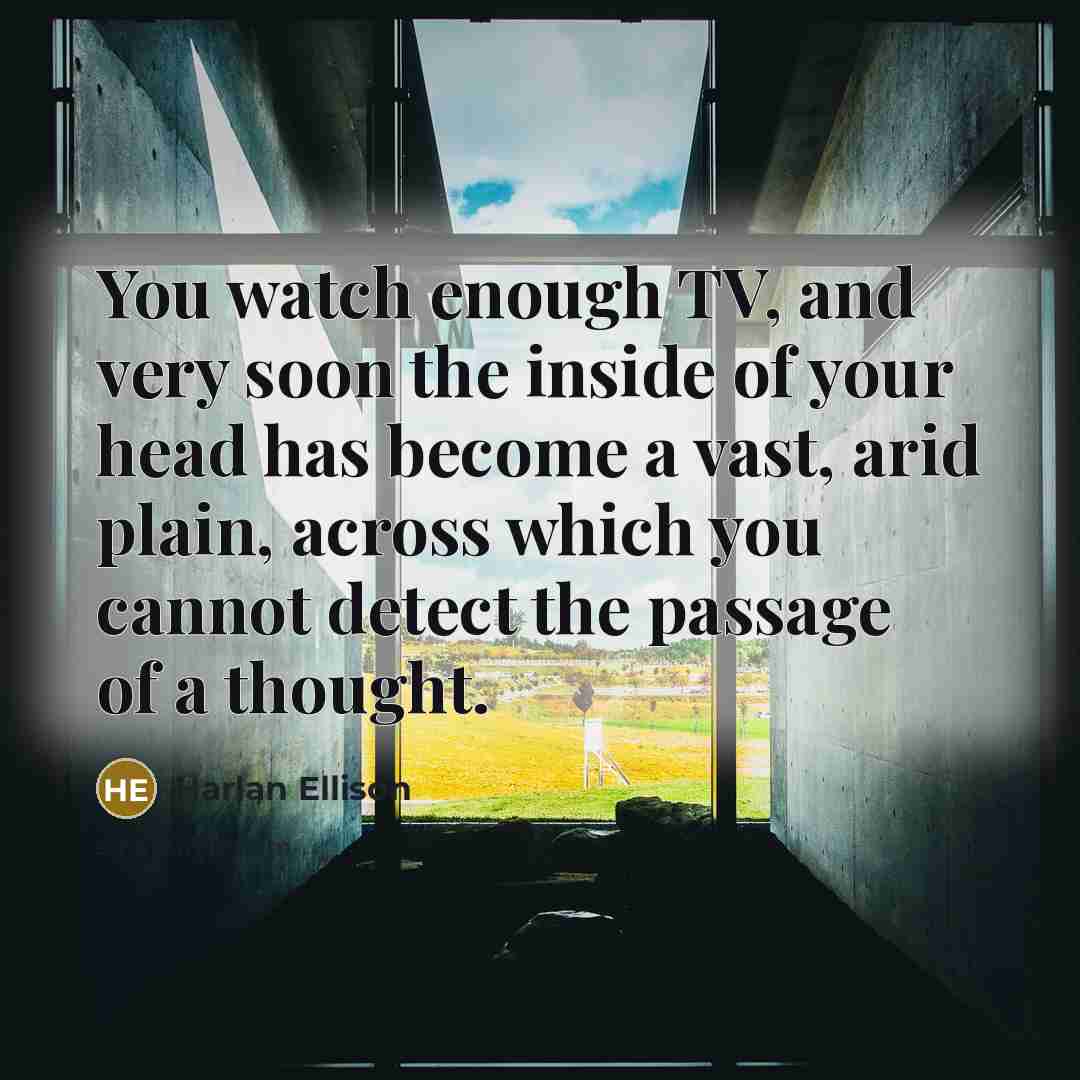 “You watch enough TV, and very soon the inside of your head has become a vast, arid plain, across which you cannot detect the passage of a thought.” quote by Harlan Ellison
