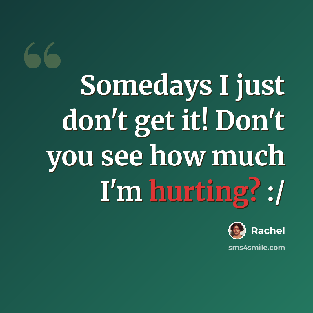 “Somedays I just don't get it! Don't you see how much I'm hurting? :/” quote by Rachel
