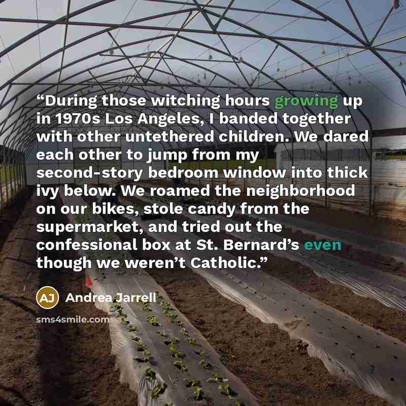 “During those witching hours growing up in 1970s Los Angeles, I banded together with other untethered children. We dared each other to jump from my second-story bedroom window into thick ivy below. We roamed the neighborhood on our bikes, stole candy from the supermarket, and tried out the…” quote by Andrea Jarrell