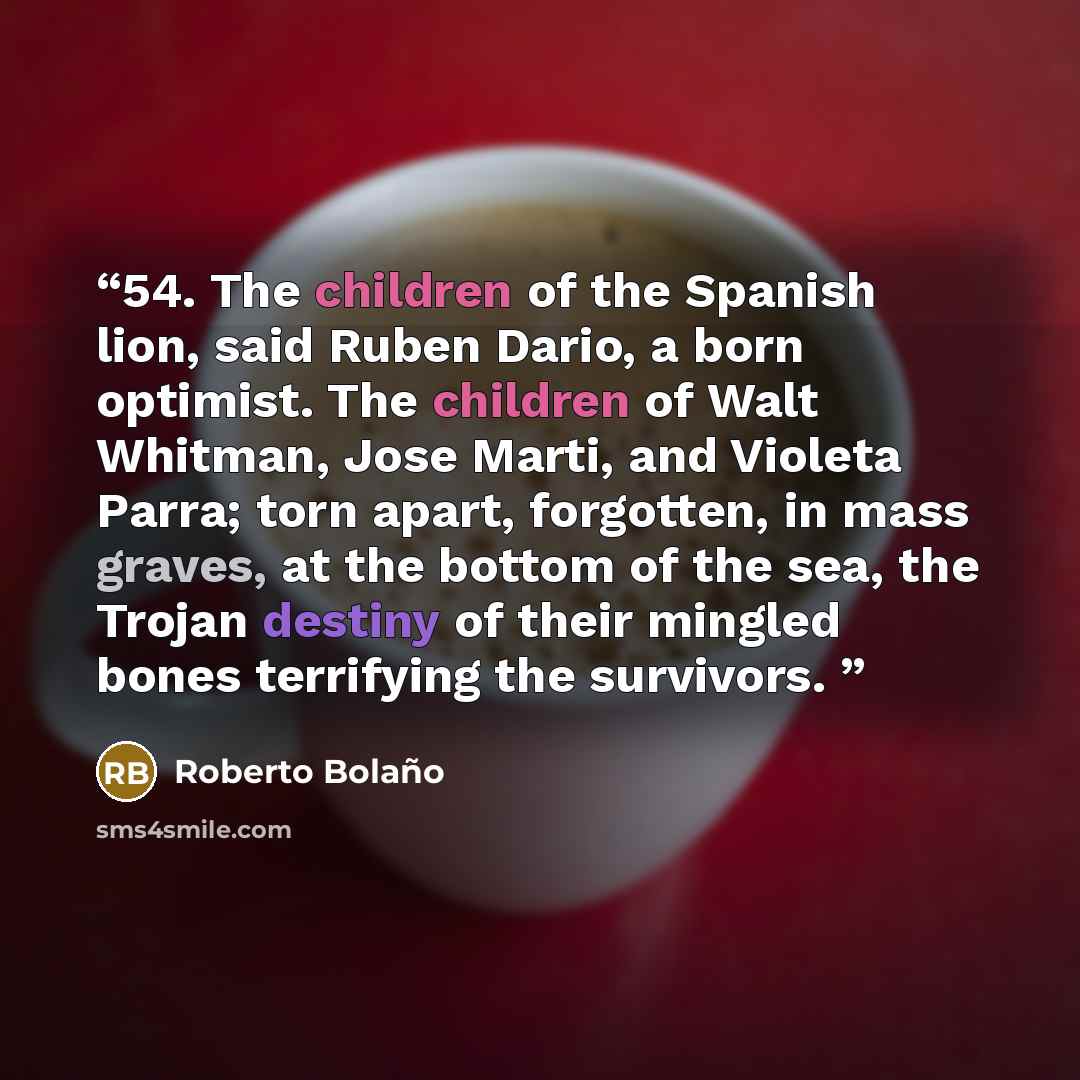 “54. The children of the Spanish lion, said Ruben Dario, a born optimist. The children of Walt Whitman, Jose Marti, and Violeta Parra; torn apart, forgotten, in mass graves, at the bottom of the sea, the Trojan destiny of their mingled bones terrifying the survivors.” quote by Roberto Bolaño