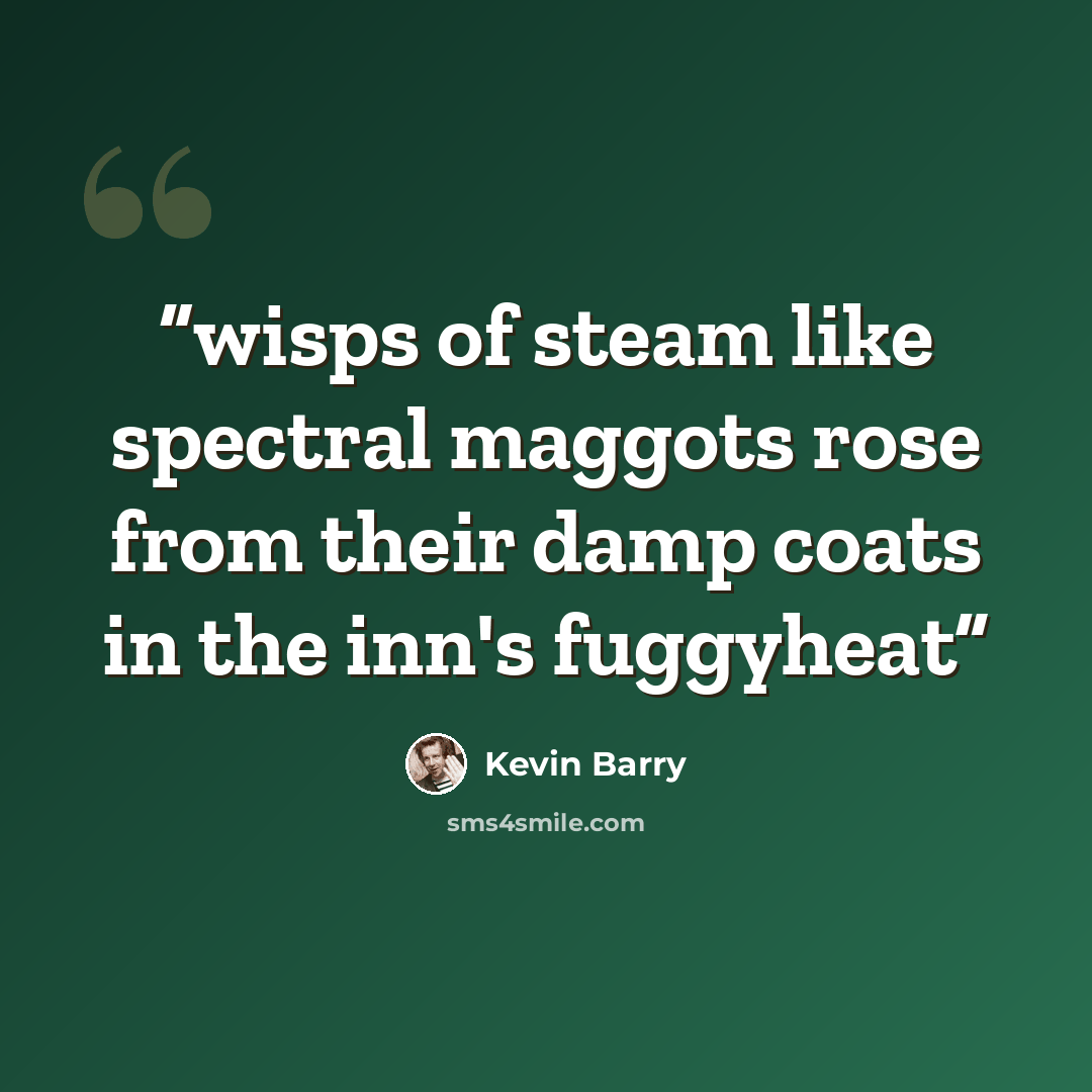 “wisps of steam like spectral maggots rose from their damp coats in the inn's fuggyheat” quote by Kevin Barry