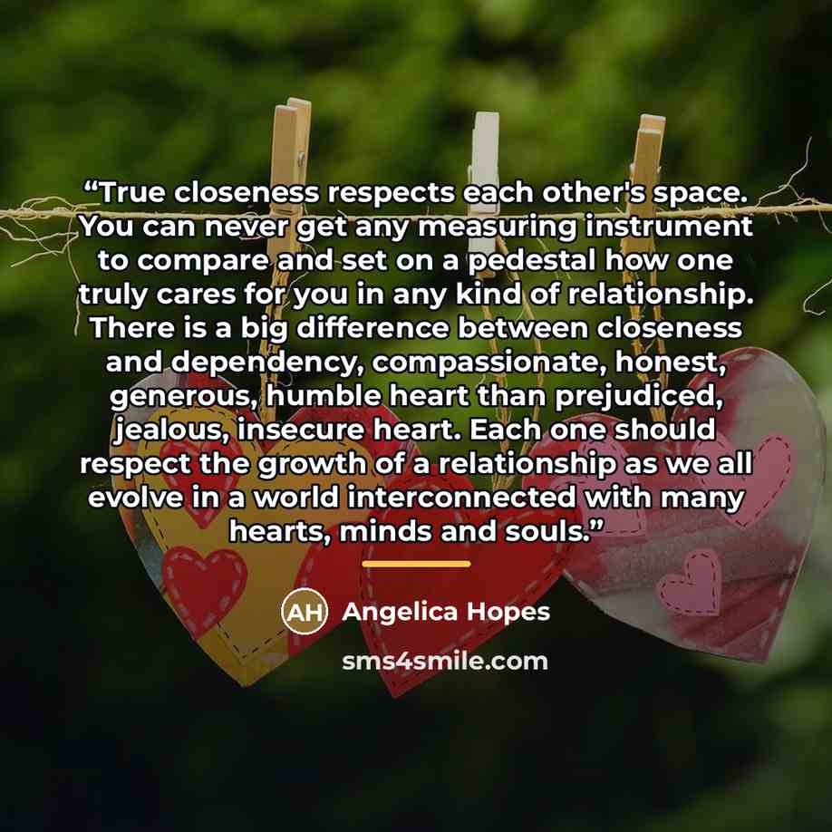 “True closeness respects each other's space. You can never get any measuring instrument to compare and set on a pedestal how one truly cares for you in any kind of relationship. There is a big difference between closeness and dependency, compassionate, honest, generous, humble heart than…” quote by Angelica Hopes