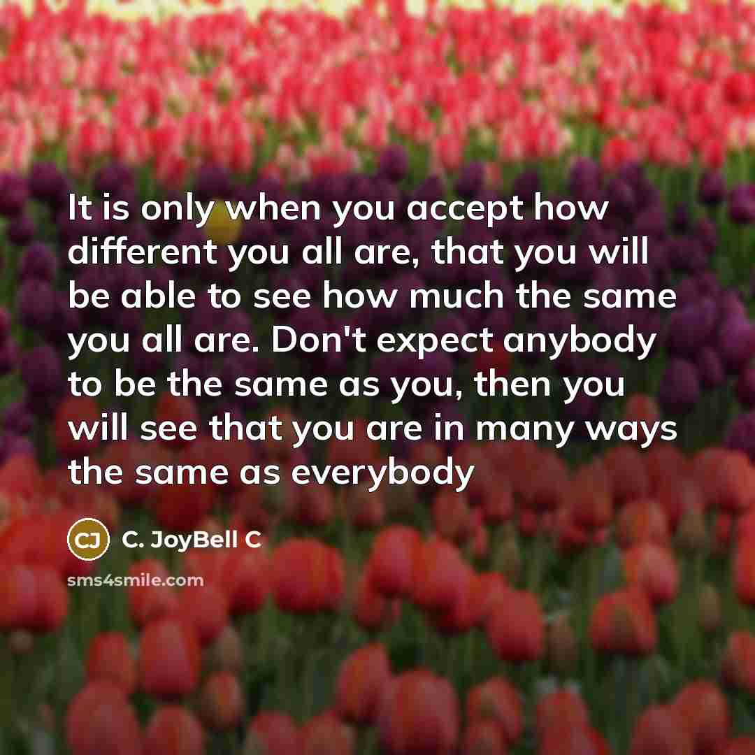 “It is only when you accept how different you all are, that you will be able to see how much the same you all are. Don't expect anybody to be the same as you, then you will see that you are in many ways the same as everybody” quote by C. JoyBell C