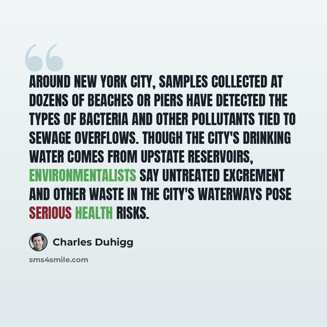 “Around New York City, samples collected at dozens of beaches or piers have detected the types of bacteria and other pollutants tied to sewage overflows. Though the city's drinking water comes from upstate reservoirs, environmentalists say untreated excrement and other waste in the city's waterways…” quote by Charles Duhigg