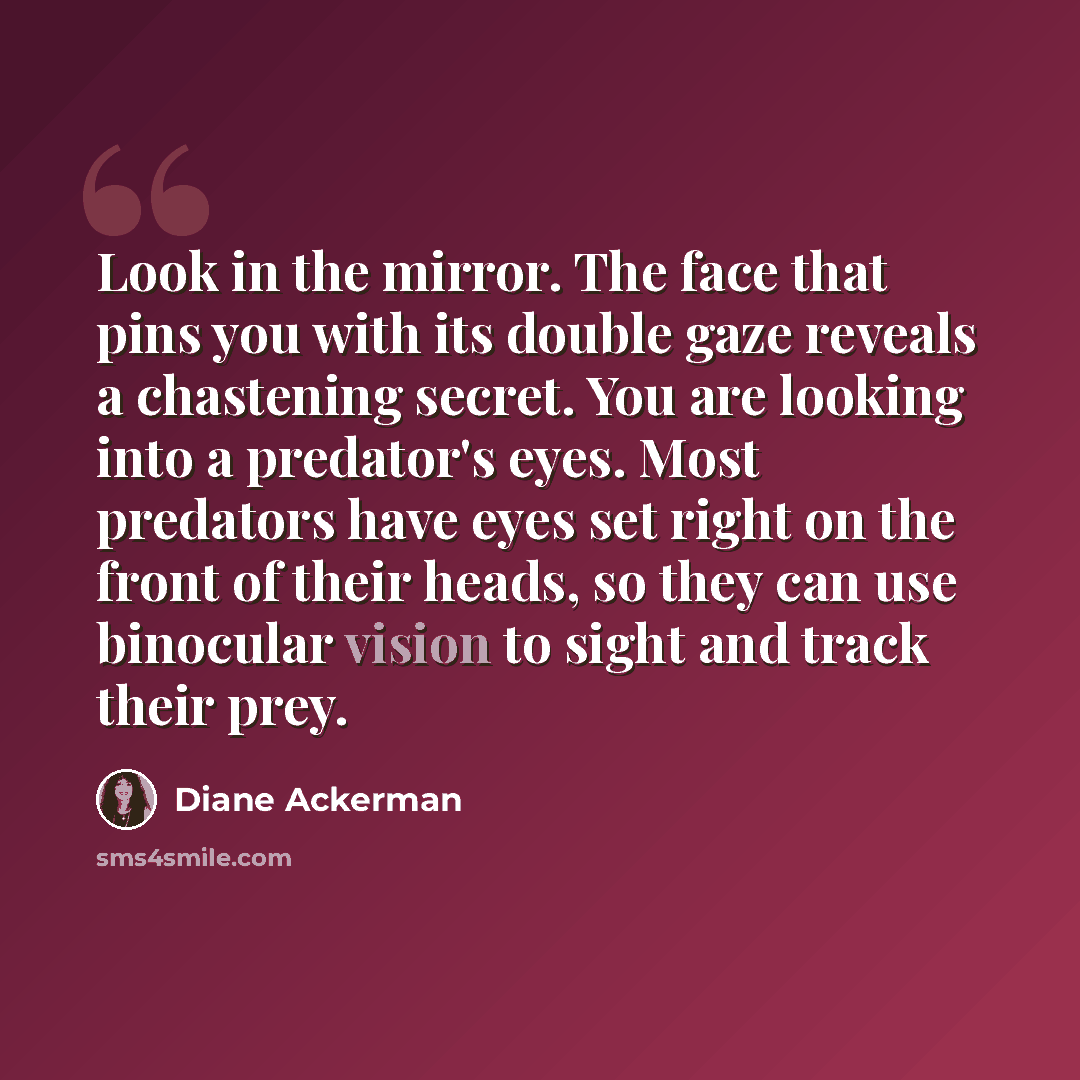 “Look in the mirror. The face that pins you with its double gaze reveals a chastening secret. You are looking into a predator's eyes. Most predators have eyes set right on the front of their heads, so they can use binocular vision to sight and track their prey.” quote by Diane Ackerman