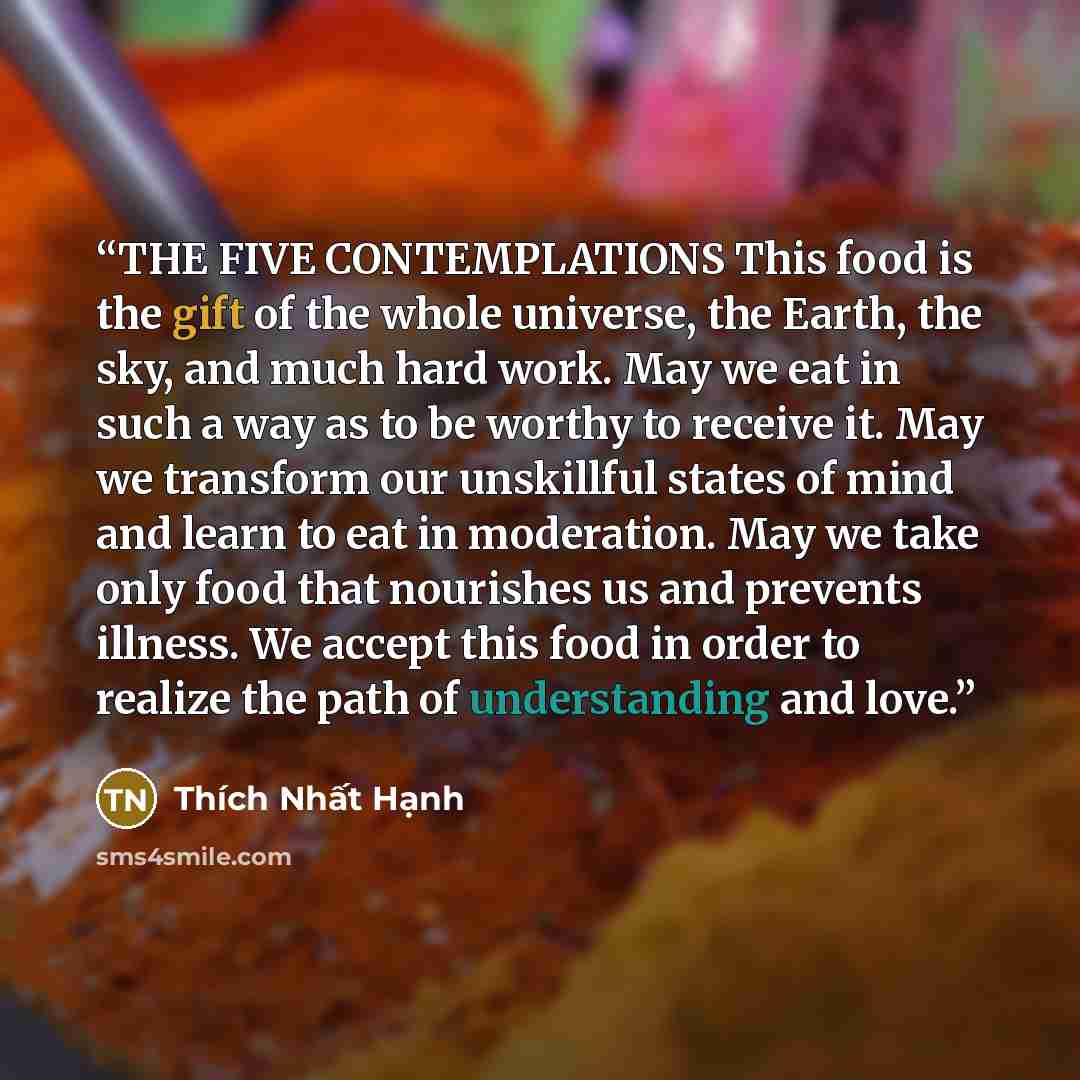 “THE FIVE CONTEMPLATIONS This food is the gift of the whole universe, the Earth, the sky, and much hard work. May we eat in such a way as to be worthy to receive it. May we transform our unskillful states of mind and learn to eat in moderation. May we take only food that nourishes us and prevents…” quote by Thích Nhất Hạnh