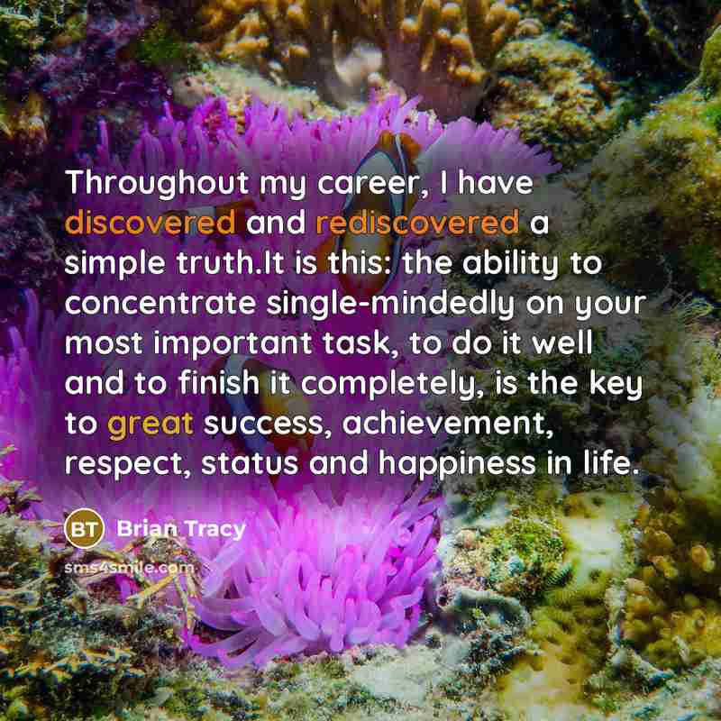 “Throughout my career, I have discovered and rediscovered a simple truth.It is this: the ability to concentrate single-mindedly on your most important task, to do it well and to finish it completely, is the key to great success, achievement, respect, status and happiness in life.” quote by Brian Tracy