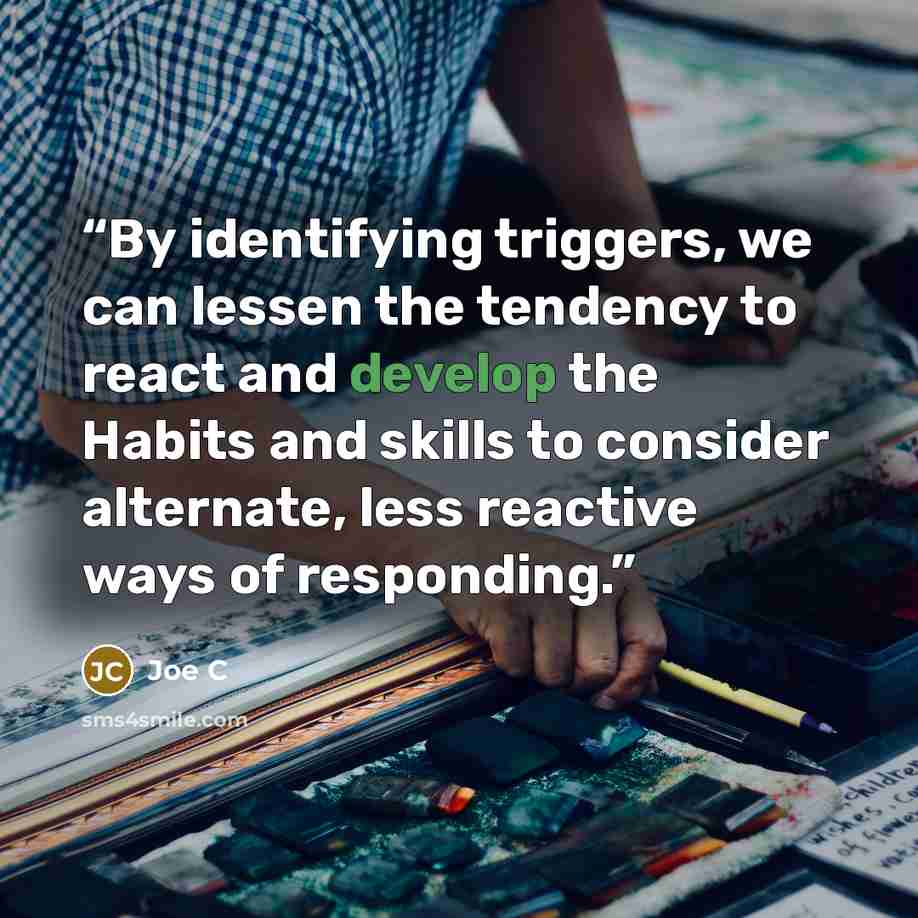 “By identifying triggers, we can lessen the tendency to react and develop the Habits and skills to consider alternate, less reactive ways of responding.” quote by Joe C