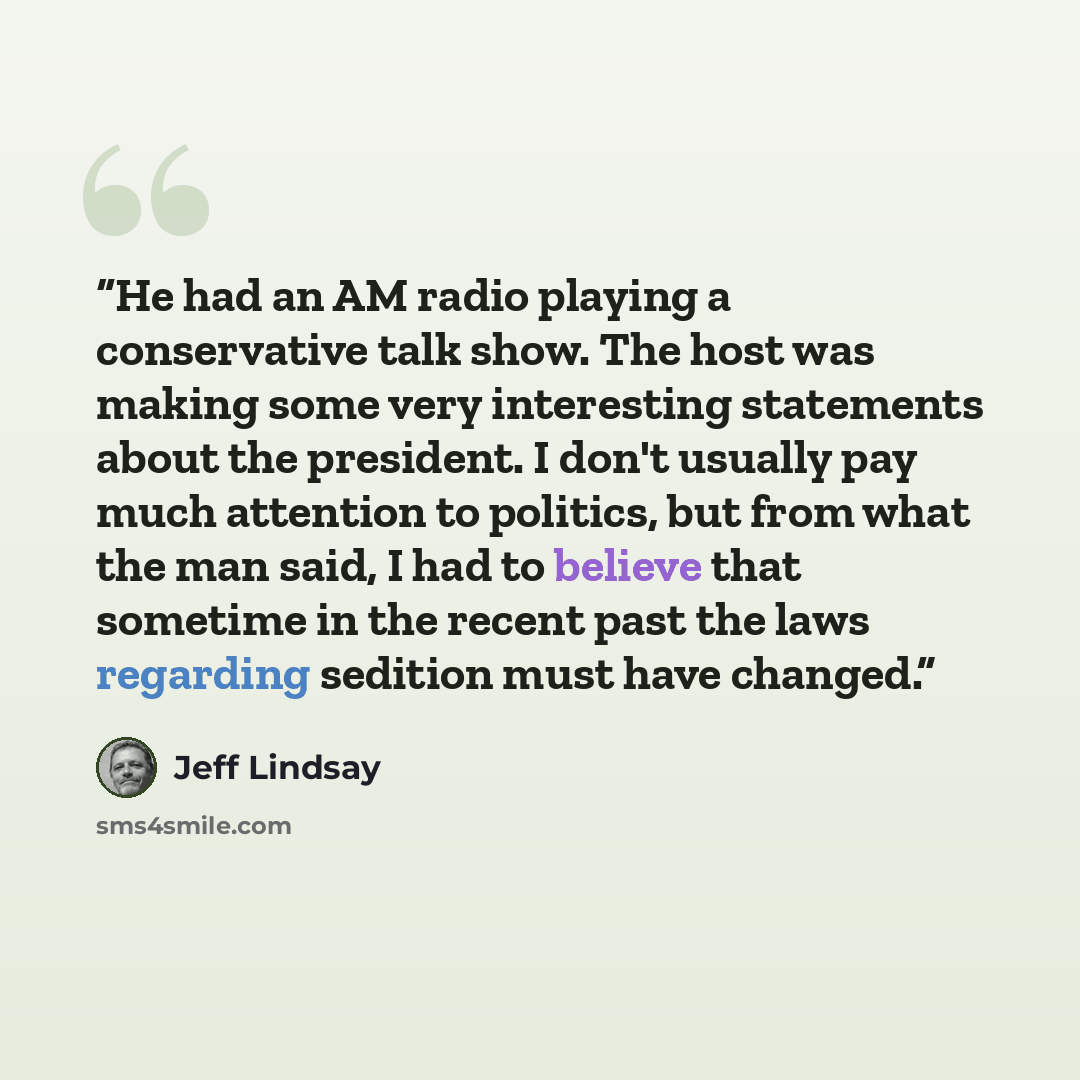 “He had an AM radio playing a conservative talk show. The host was making some very interesting statements about the president. I don't usually pay much attention to politics, but from what the man said, I had to believe that sometime in the recent past the laws regarding sedition must have changed.” quote by Jeff Lindsay
