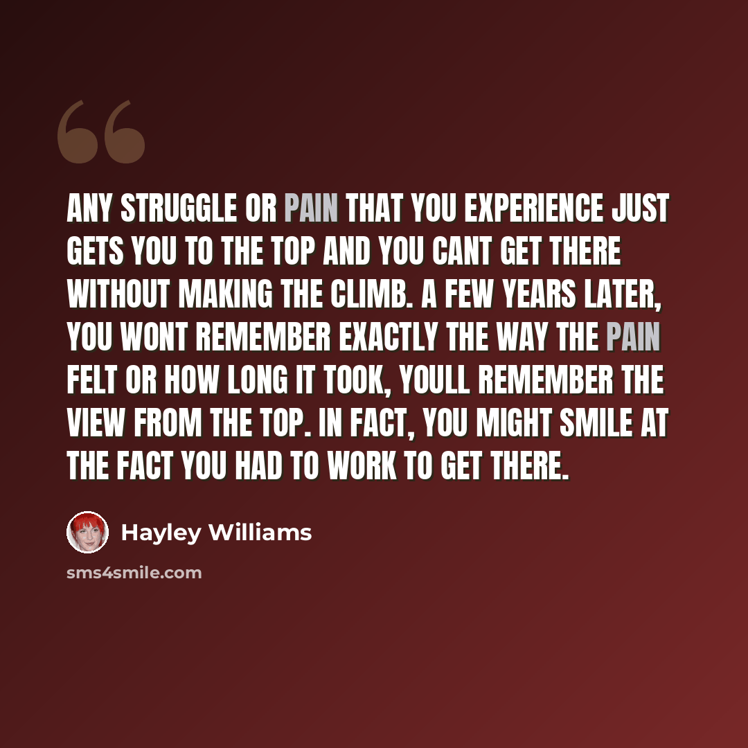 “Any struggle or pain that you experience just gets you to the top and you cant get there without making the climb. A few years later, you wont remember exactly the way the pain felt or how long it took, youll remember the view from the top. In fact, you might smile at the fact you had to work to…” quote by Hayley Williams