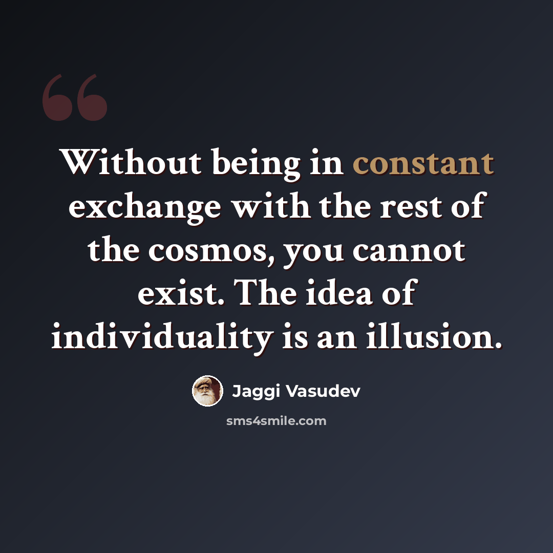 “Without being in constant exchange with the rest of the cosmos, you cannot exist. The idea of individuality is an illusion.” quote by Jaggi Vasudev