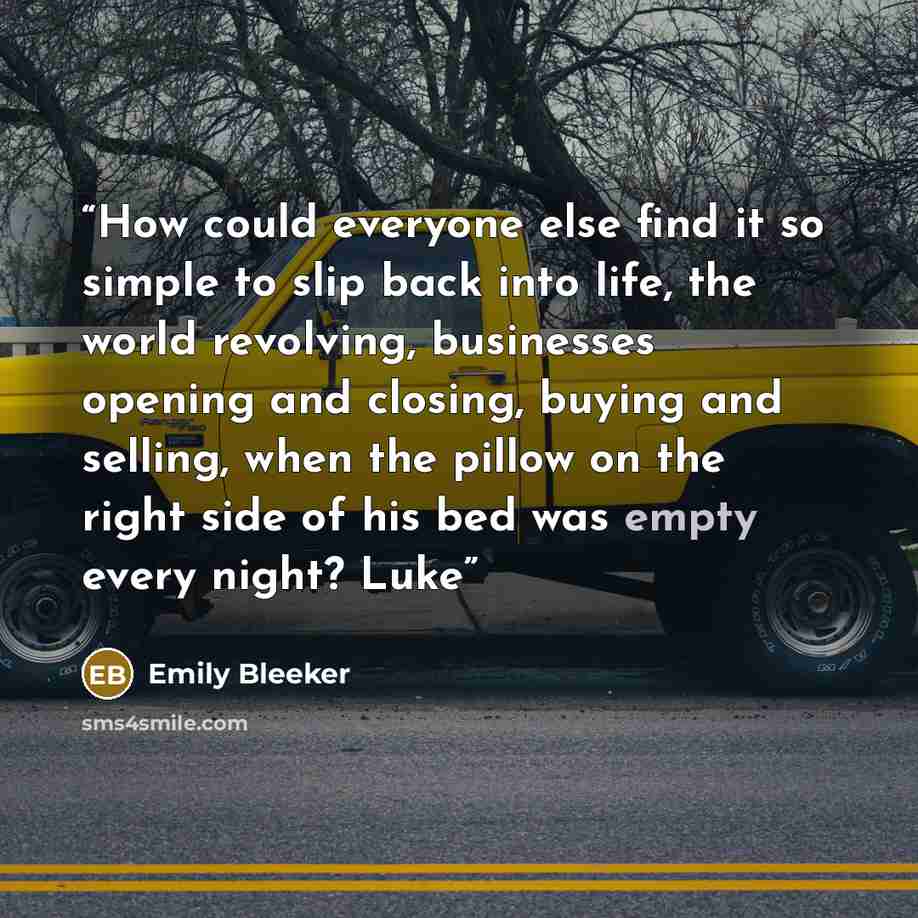 “How could everyone else find it so simple to slip back into life, the world revolving, businesses opening and closing, buying and selling, when the pillow on the right side of his bed was empty every night? Luke” quote by Emily Bleeker