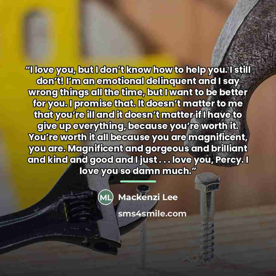 “I love you, but I don’t know how to help you. I still don’t! I’m an emotional delinquent and I say wrong things all the time, but I want to be better for you. I promise that. It doesn’t matter to me that you’re ill and it doesn’t matter if I have to give up everything, because you’re worth it…” quote by Mackenzi Lee