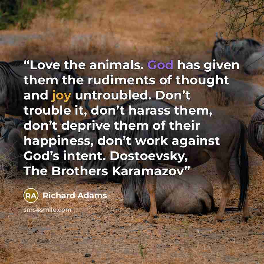 “Love the animals. God has given them the rudiments of thought and joy untroubled. Don’t trouble it, don’t harass them, don’t deprive them of their happiness, don’t work against God’s intent. Dostoevsky, The Brothers Karamazov” quote by Richard Adams