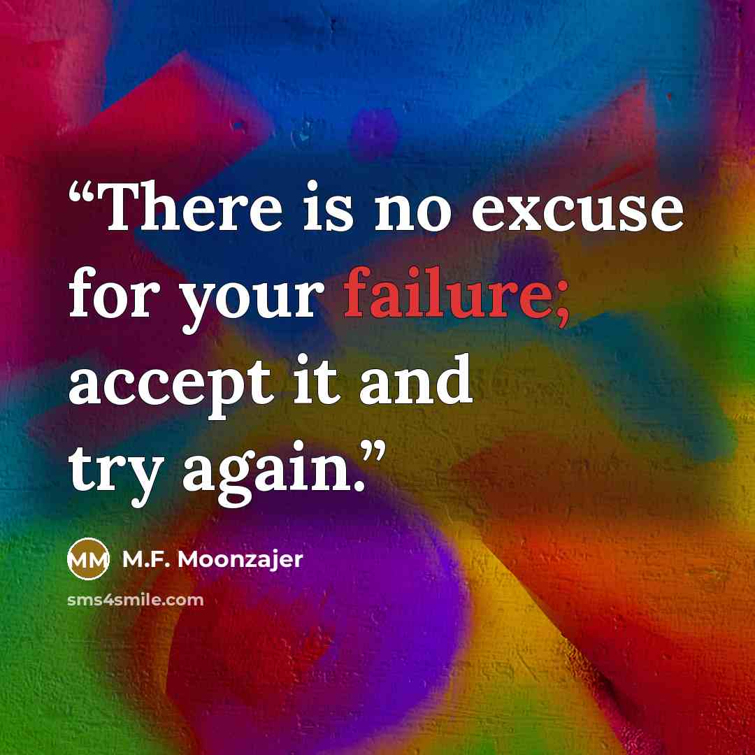 “There is no excuse for your failure; accept it and try again.” quote by M.F. Moonzajer