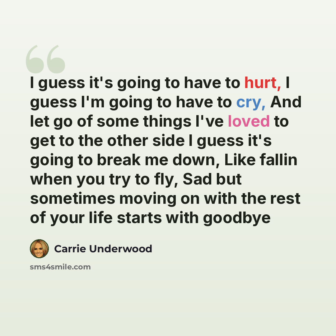 “I guess it's going to have to hurt, I guess I'm going to have to cry, And let go of some things I've loved to get to the other side I guess it's going to break me down, Like fallin when you try to fly, Sad but sometimes moving on with the rest of your life starts with goodbye” quote by Carrie Underwood