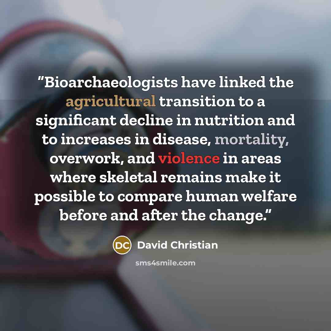 “Bioarchaeologists have linked the agricultural transition to a significant decline in nutrition and to increases in disease, mortality, overwork, and violence in areas where skeletal remains make it possible to compare human welfare before and after the change.” quote by David Christian