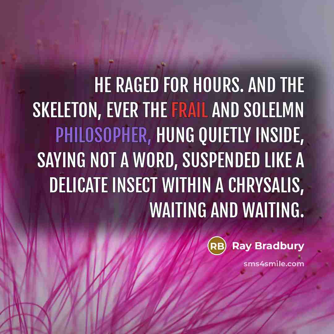 “He raged for hours. And the skeleton, ever the frail and solelmn philosopher, hung quietly inside, saying not a word, suspended like a delicate insect within a chrysalis, waiting and waiting.” quote by Ray Bradbury