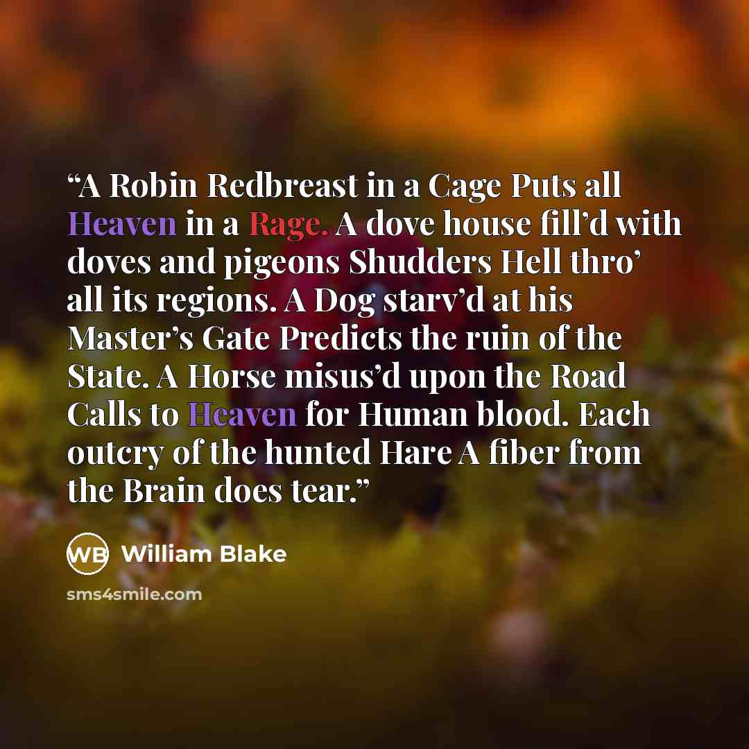 “A Robin Redbreast in a Cage Puts all Heaven in a Rage. A dove house fill’d with doves and pigeons Shudders Hell thro’ all its regions. A Dog starv’d at his Master’s Gate Predicts the ruin of the State. A Horse misus’d upon the Road Calls to Heaven for Human blood. Each outcry of the hunted Hare A…” quote by William Blake