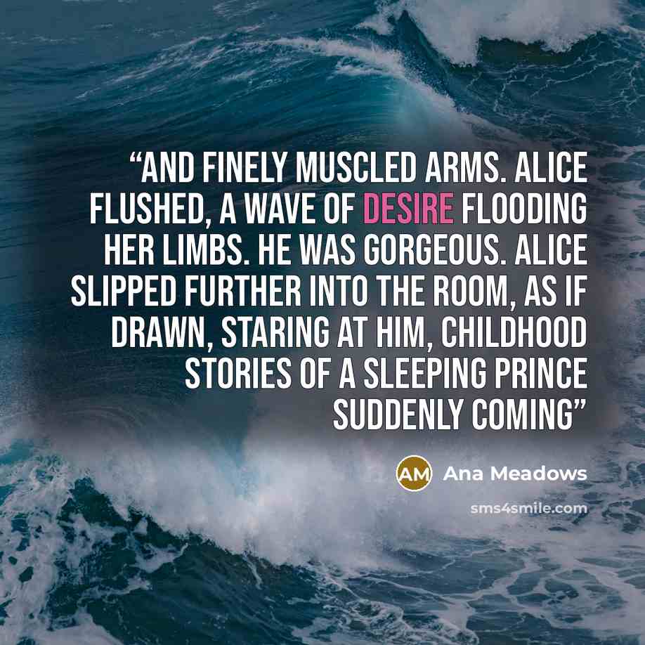 “and finely muscled arms. Alice flushed, a wave of desire flooding her limbs. He was gorgeous. Alice slipped further into the room, as if drawn, staring at him, childhood stories of a sleeping prince suddenly coming” quote by Ana Meadows