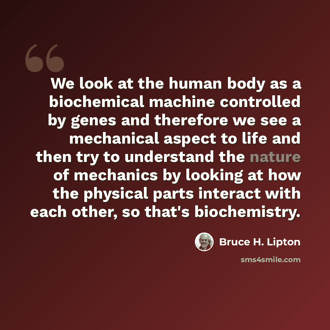 “We look at the human body as a biochemical machine controlled by genes and therefore we see a mechanical aspect to life and then try to understand the nature of mechanics by looking at how the physical parts interact with each other, so that's biochemistry.” quote by Bruce H. Lipton