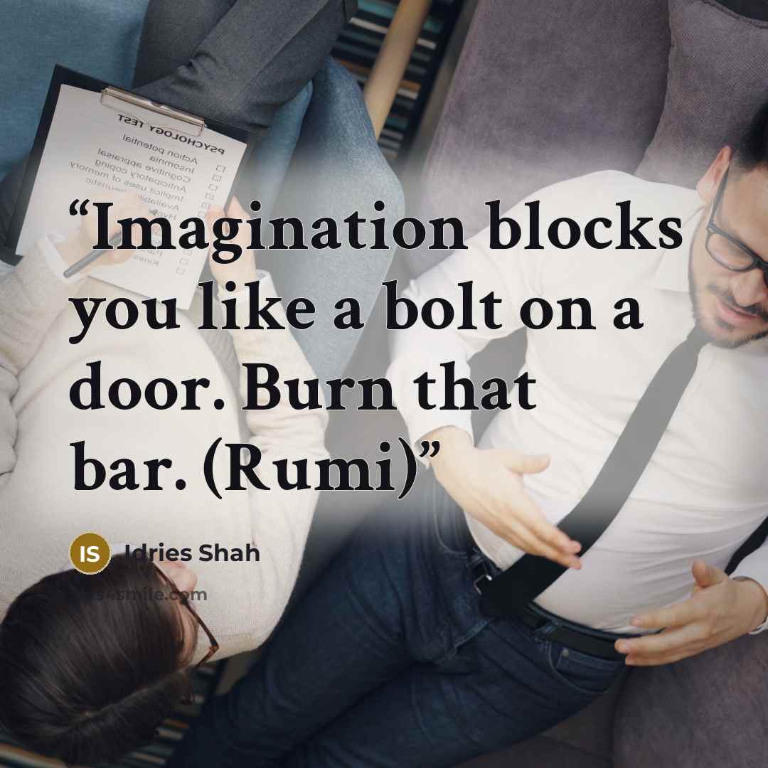 “Imagination blocks you like a bolt on a door. Burn that bar. (Rumi)” quote by Idries Shah