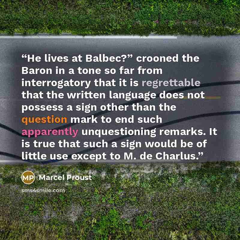 “He lives at Balbec?” crooned the Baron in a tone so far from interrogatory that it is regrettable that the written language does not possess a sign other than the question mark to end such apparently unquestioning remarks. It is true that such a sign would be of little use except to M. de Charlus.” quote by Marcel Proust