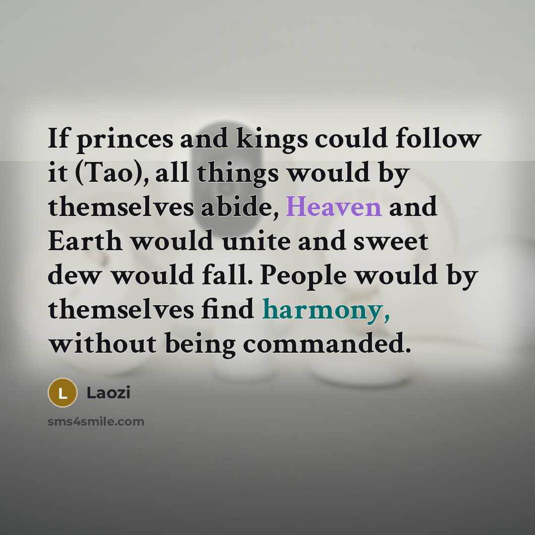 “If princes and kings could follow it (Tao), all things would by themselves abide, Heaven and Earth would unite and sweet dew would fall. People would by themselves find harmony, without being commanded.” quote by Laozi
