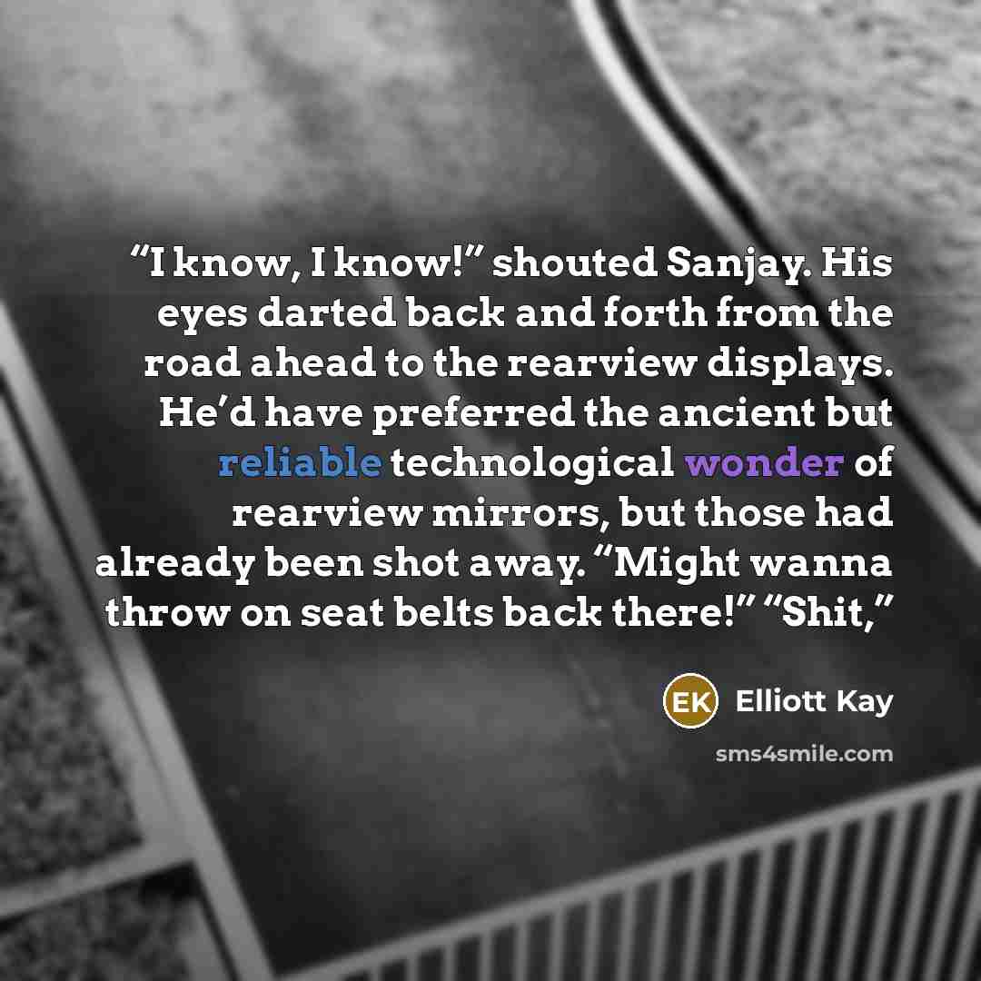 “I know, I know!” shouted Sanjay. His eyes darted back and forth from the road ahead to the rearview displays. He’d have preferred the ancient but reliable technological wonder of rearview mirrors, but those had already been shot away. “Might wanna throw on seat belts back there!” “Shit,” quote by Elliott Kay