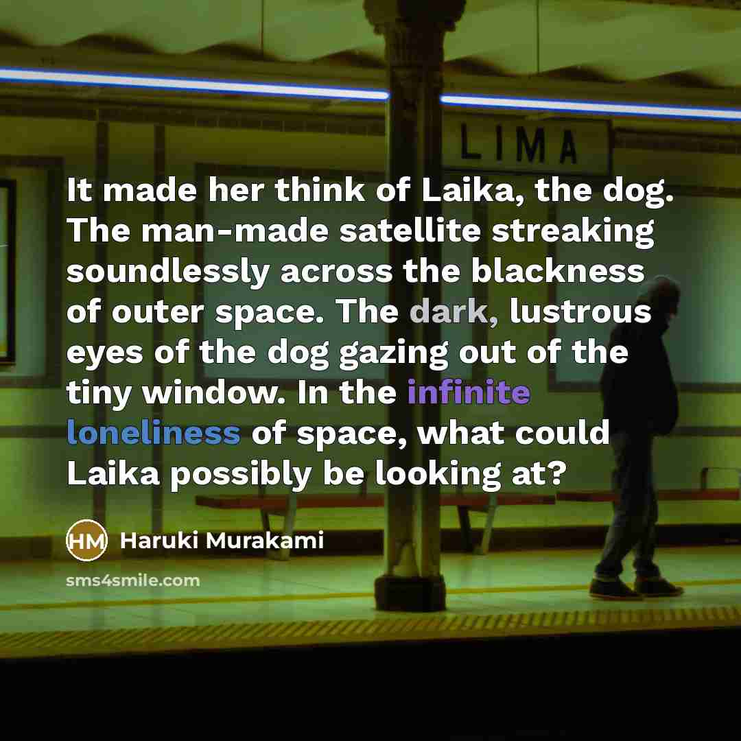“It made her think of Laika, the dog. The man-made satellite streaking soundlessly across the blackness of outer space. The dark, lustrous eyes of the dog gazing out of the tiny window. In the infinite loneliness of space, what could Laika possibly be looking at?” quote by Haruki Murakami