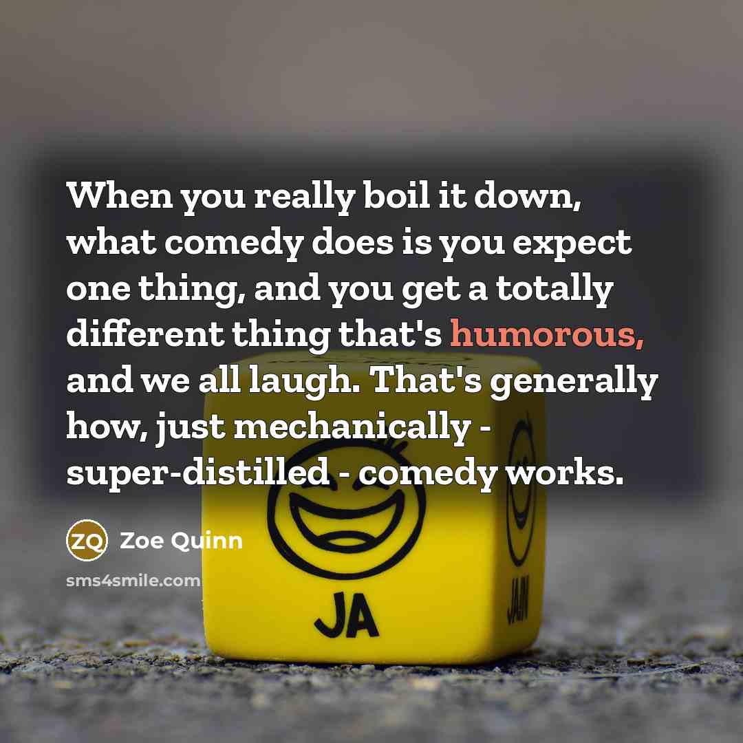 “When you really boil it down, what comedy does is you expect one thing, and you get a totally different thing that's humorous, and we all laugh. That's generally how, just mechanically - super-distilled - comedy works.” quote by Zoe Quinn