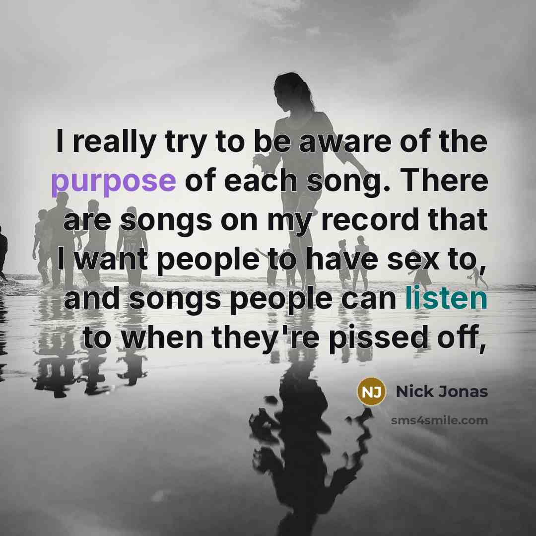 “I really try to be aware of the purpose of each song. There are songs on my record that I want people to have sex to, and songs people can listen to when they're pissed off,” quote by Nick Jonas