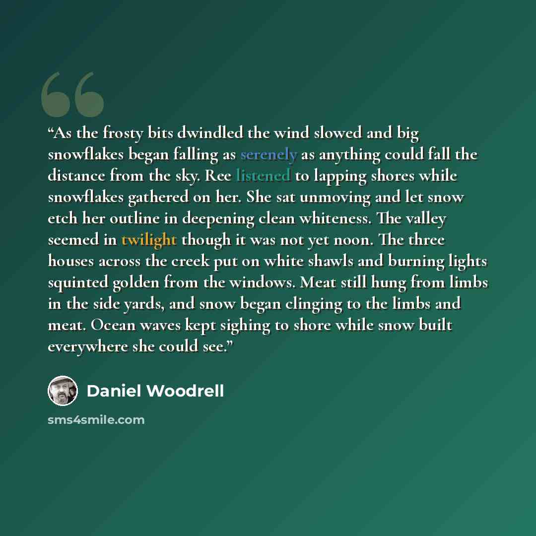 “As the frosty bits dwindled the wind slowed and big snowflakes began falling as serenely as anything could fall the distance from the sky. Ree listened to lapping shores while snowflakes gathered on her. She sat unmoving and let snow etch her outline in deepening clean whiteness. The valley seemed…” quote by Daniel Woodrell