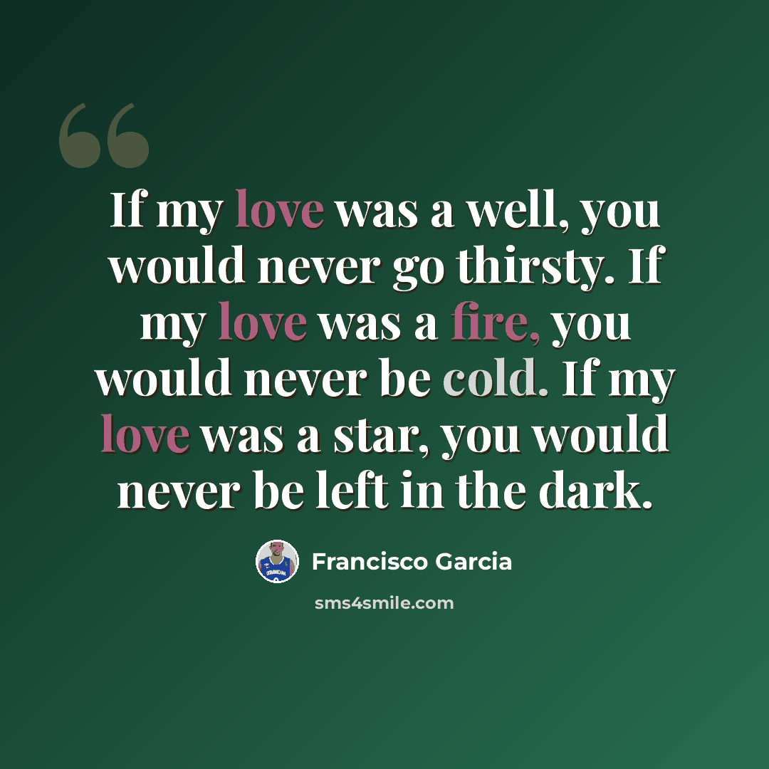 “If my love was a well, you would never go thirsty. If my love was a fire, you would never be cold. If my love was a star, you would never be left in the dark.” quote by Francisco Garcia