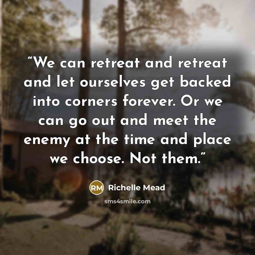 “We can retreat and retreat and let ourselves get backed into corners forever. Or we can go out and meet the enemy at the time and place we choose. Not them.” quote by Richelle Mead