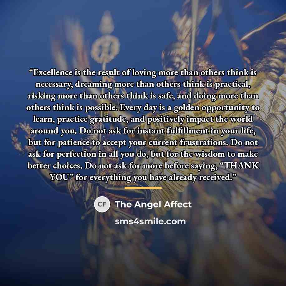 “Excellence is the result of loving more than others think is necessary, dreaming more than others think is practical, risking more than others think is safe, and doing more than others think is possible. Every day is a golden opportunity to learn, practice gratitude, and positively impact the…” quote by The Angel Affect