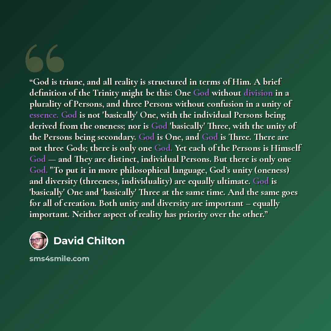 “God is triune, and all reality is structured in terms of Him. A brief definition of the Trinity might be this: One God without division in a plurality of Persons, and three Persons without confusion in a unity of essence. God is not 'basically' One, with the individual Persons being derived from…” quote by David Chilton