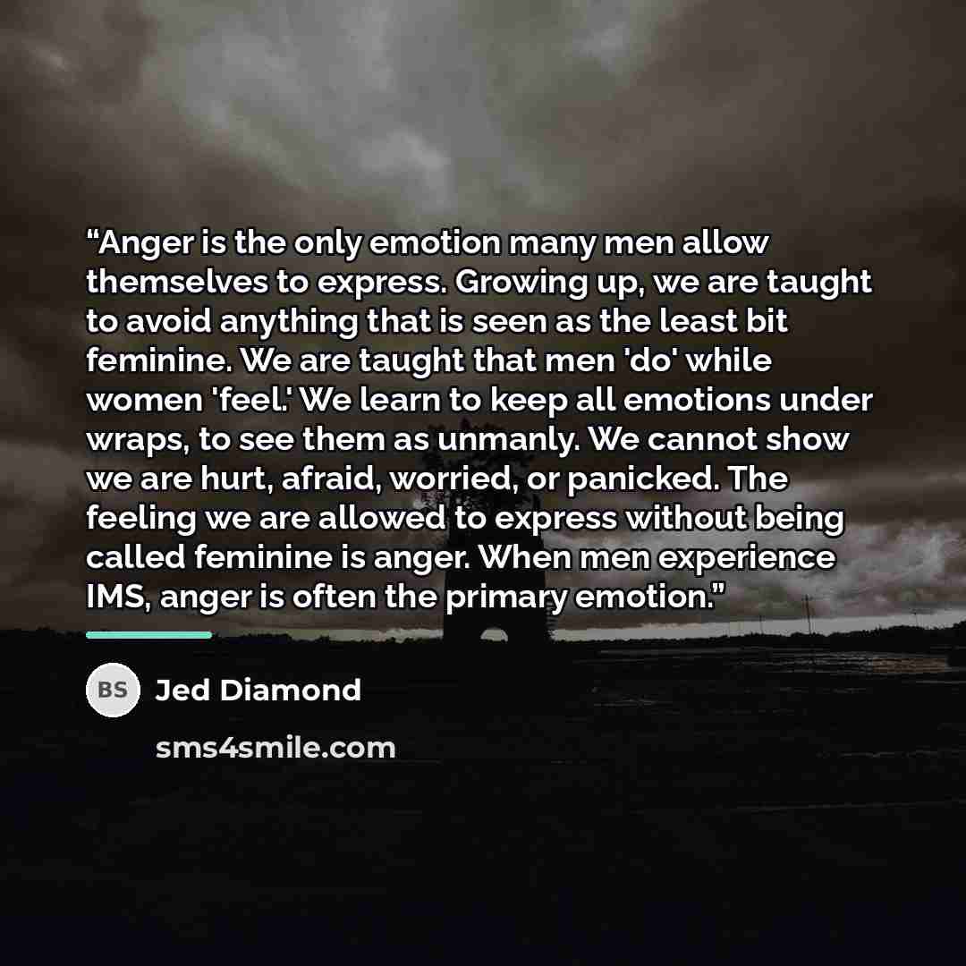 “Anger is the only emotion many men allow themselves to express. Growing up, we are taught to avoid anything that is seen as the least bit feminine. We are taught that men 'do' while women 'feel.' We learn to keep all emotions under wraps, to see them as unmanly. We cannot show we are hurt, afraid…” quote by Jed Diamond