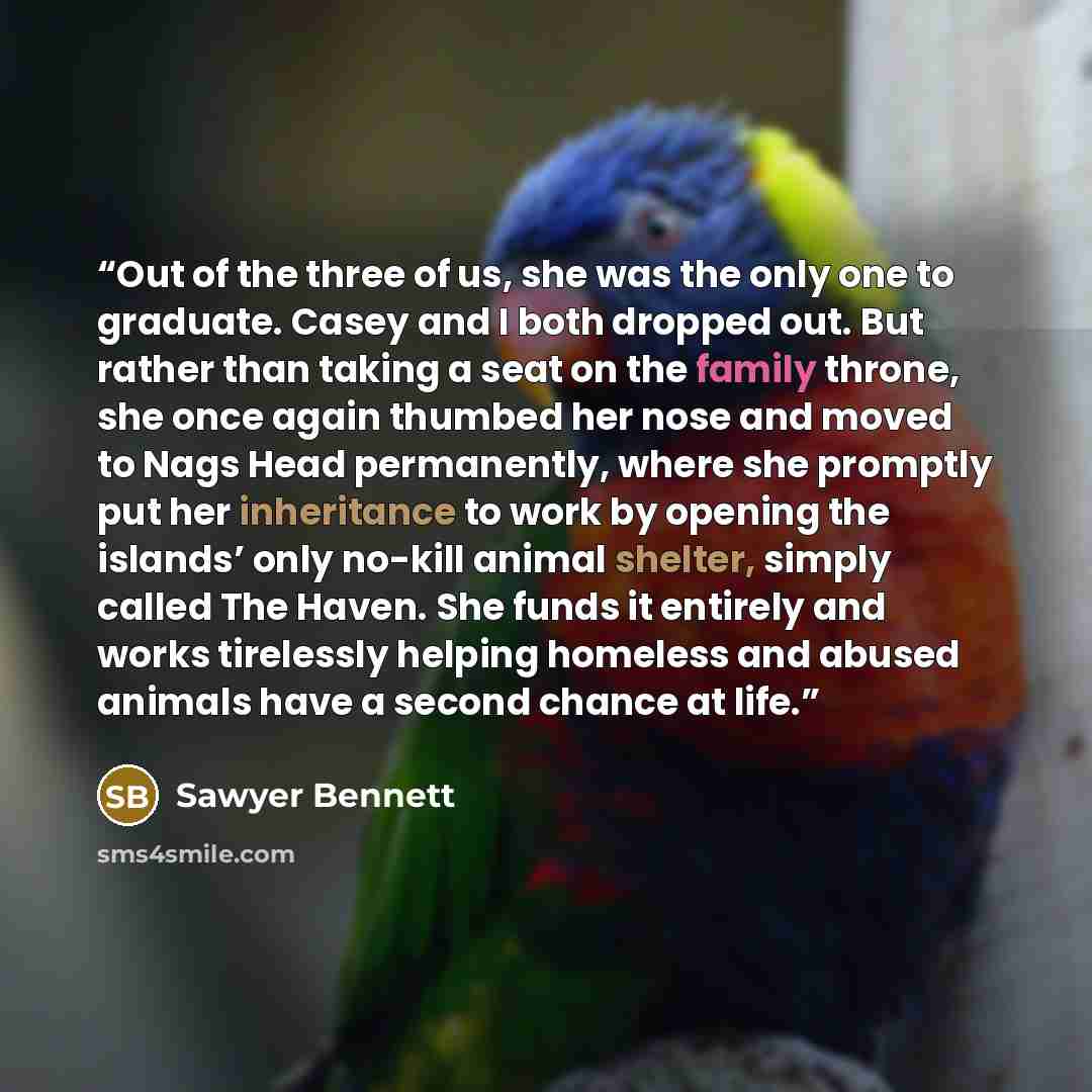 “Out of the three of us, she was the only one to graduate. Casey and I both dropped out. But rather than taking a seat on the family throne, she once again thumbed her nose and moved to Nags Head permanently, where she promptly put her inheritance to work by opening the islands’ only no-kill animal…” quote by Sawyer Bennett