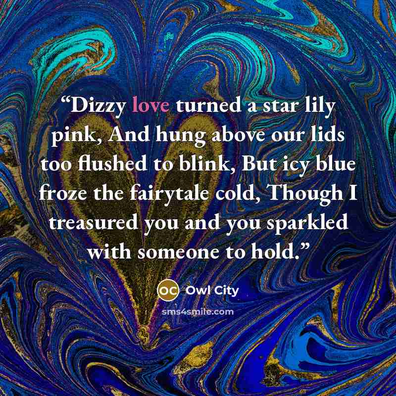 “Dizzy love turned a star lily pink, And hung above our lids too flushed to blink, But icy blue froze the fairytale cold, Though I treasured you and you sparkled with someone to hold.” quote by Owl City