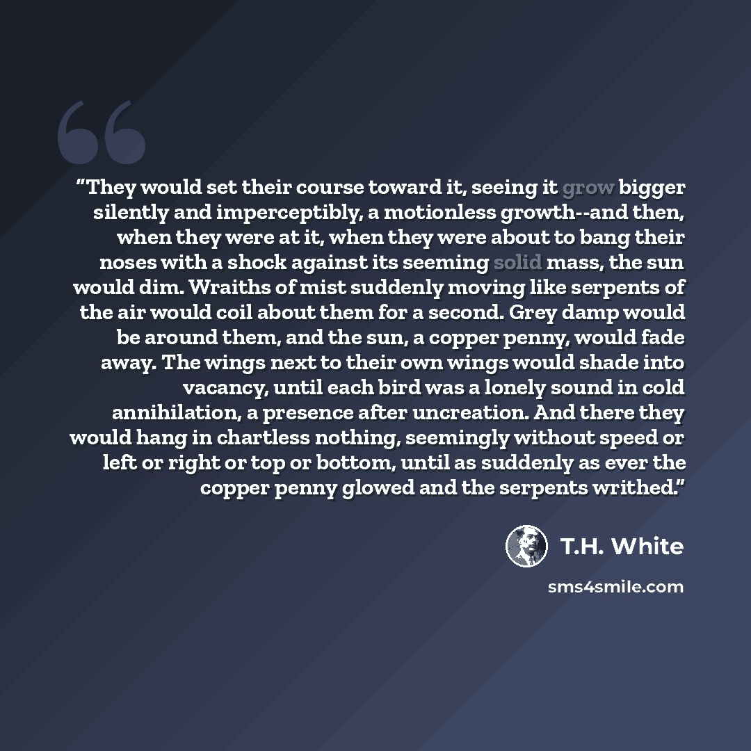“They would set their course toward it, seeing it grow bigger silently and imperceptibly, a motionless growth--and then, when they were at it, when they were about to bang their noses with a shock against its seeming solid mass, the sun would dim. Wraiths of mist suddenly moving like serpents of…” quote by T.H. White