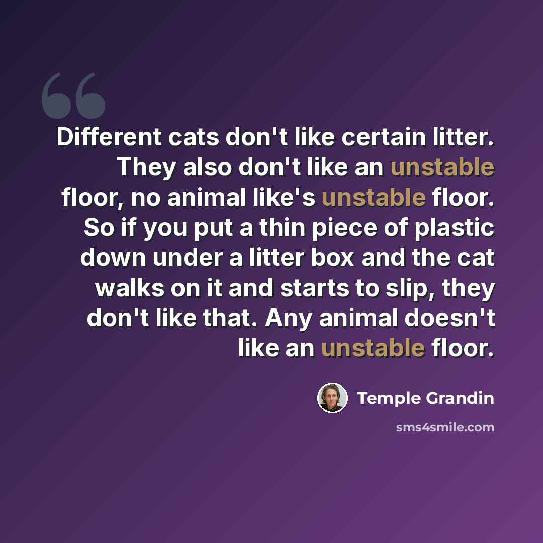 “Different cats don't like certain litter. They also don't like an unstable floor, no animal like's unstable floor. So if you put a thin piece of plastic down under a litter box and the cat walks on it and starts to slip, they don't like that. Any animal doesn't like an unstable floor.” quote by Temple Grandin